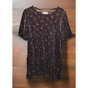 Old Navy Black Pink Floral Velour Short Sleeve Tiered  Babydoll Tunic Top Sz XXL
